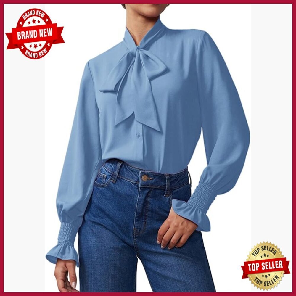 Chiffon Blouse Long Sleeve Bow Tie Neck Smocked Cuff Office Casual